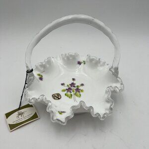 Fenton Vintage Violets In The Snow Hand Painted Basket Dish Silver Crest
